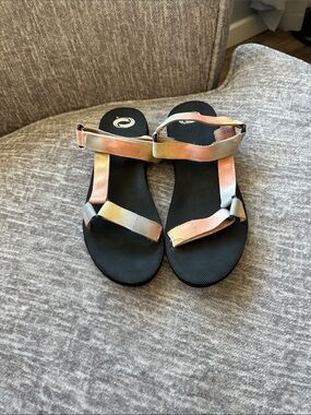 Women’s Black Sandals with Multicolor Tie-Dye Straps
